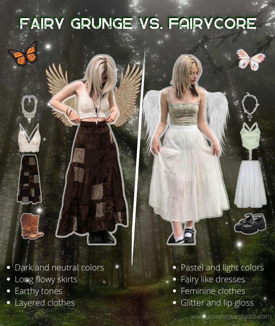 The difference between fairy grunge and fairycore, and girls wearing outfits and accessories of both.
