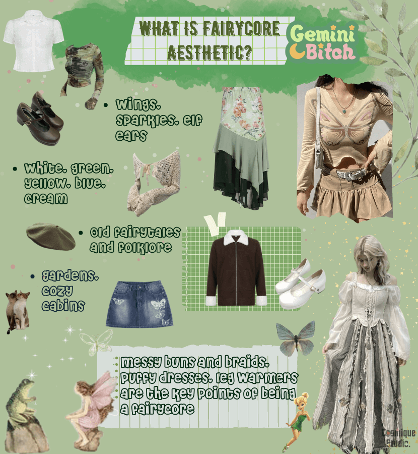 The key points of fairycore aesthetic associated with Gemini sign including wings, sparkles, elf ears, light colors, old folklore, cozy cabins, puffy dresses, etc.