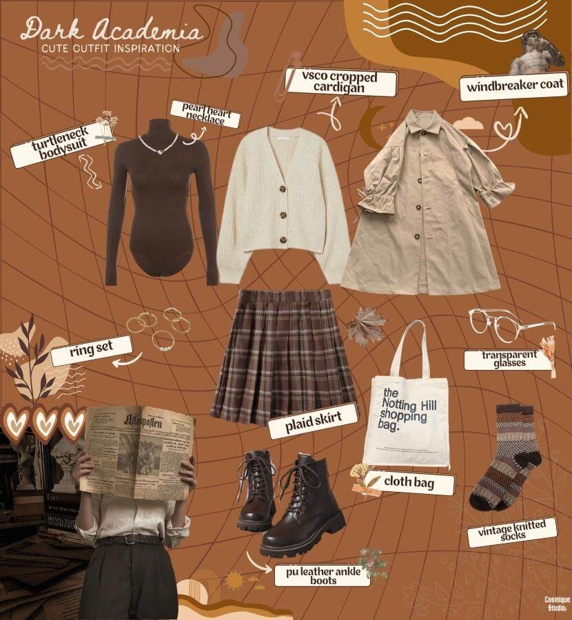 A dark academia aesthetic outfit consisting of a plaid mini skirt, turtleneck bodysuit, beige cardigan, windbreaker long coat, pearl heart necklace, gold rings, cloth bag, vintage knitted socks, transparent glasses, and leather ankle boots.