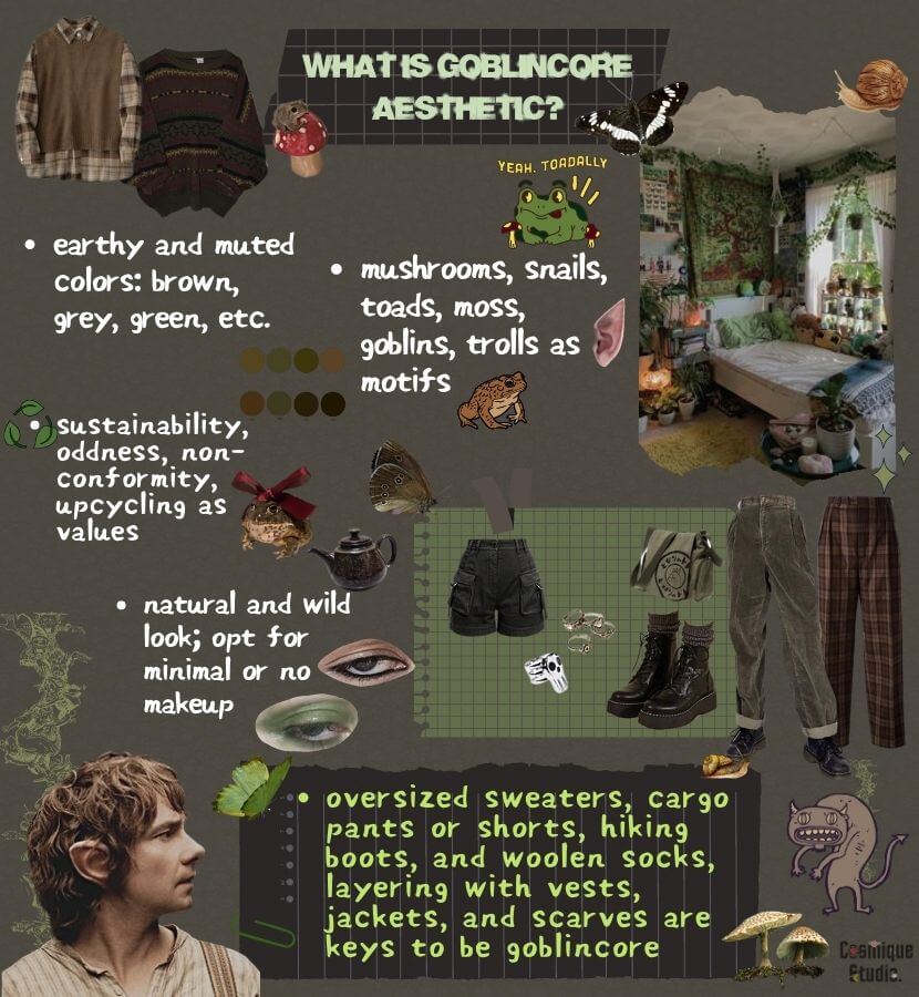 A guide to the goblincore aesthetic and its associated clothing items, which embrace an earthy and whimsical style inspired by nature and folklore. Common items include oversized wool sweaters, corduroy pants, hiking boots, berets, mushroom prints, tweed blazers, and woven bags.