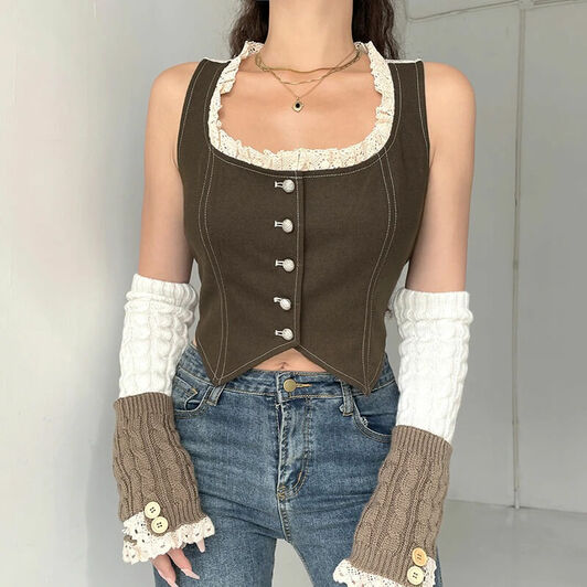 Girl Wearing A Goblincore Aesthetic Style Button-down Brown Crop Top