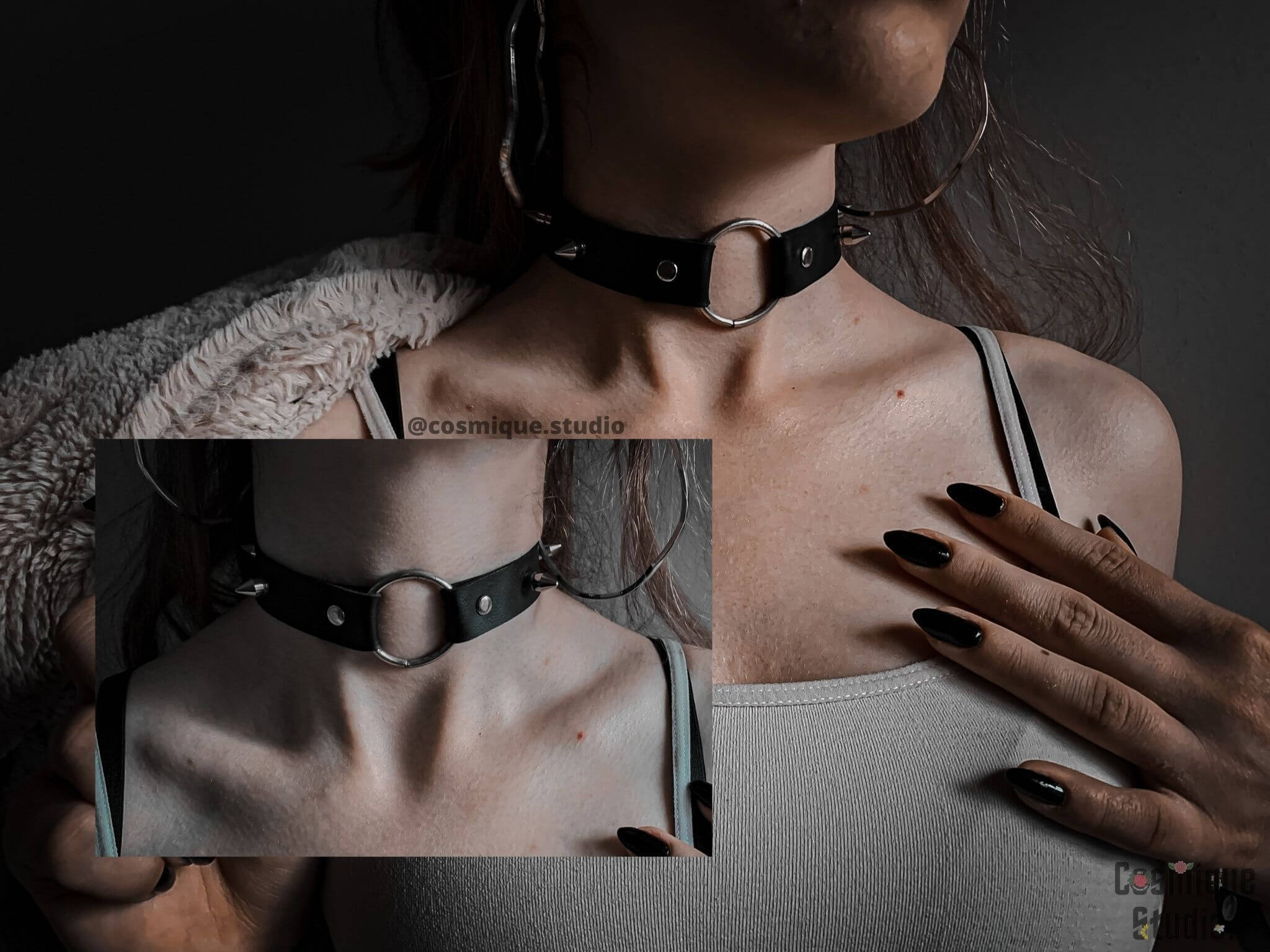 grunge aesthetic represented with black leather ring choker and witchy black nail polish