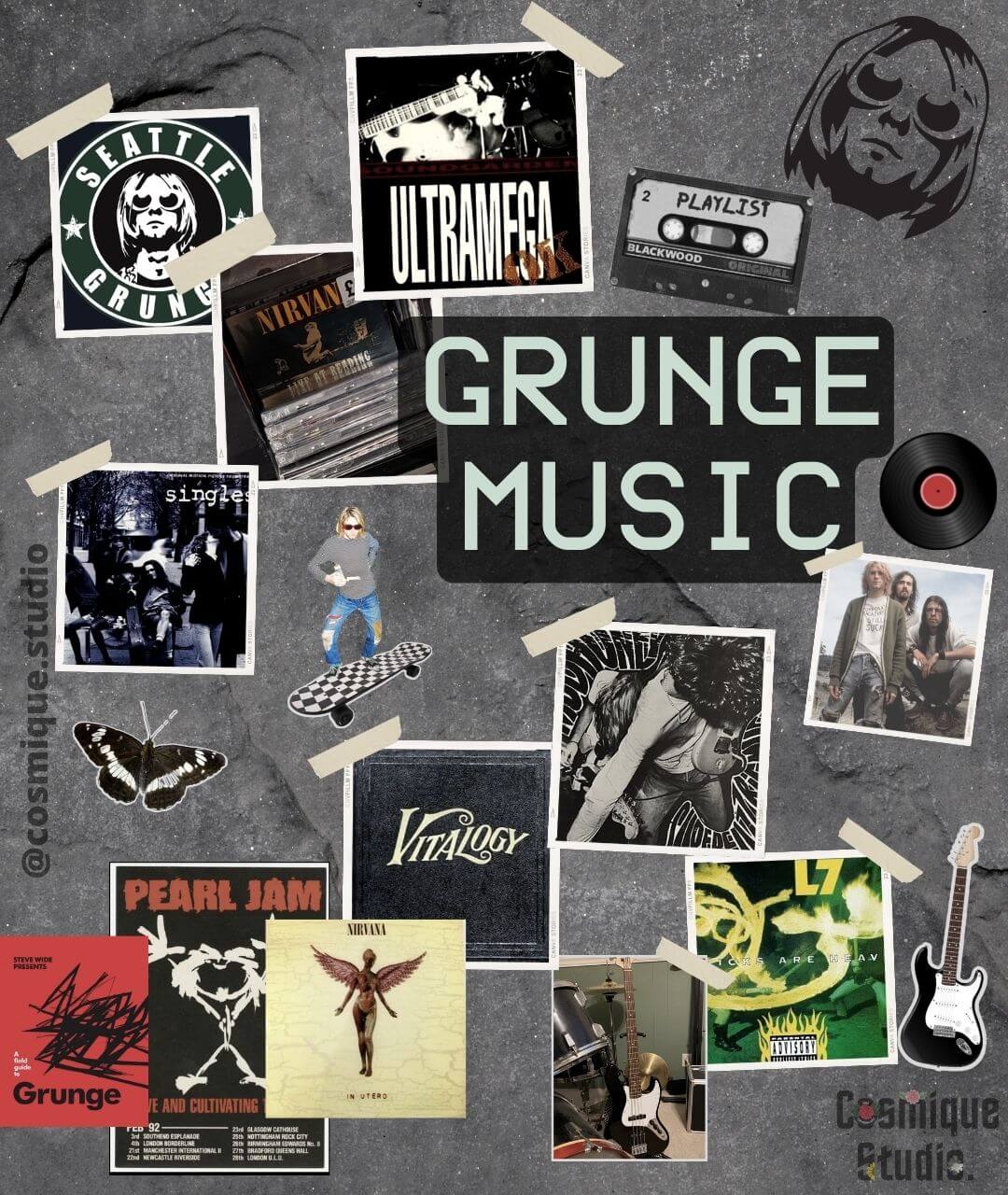 grunge as a music genre including seattle grunge, kurt cobain, and pearl jam supported with musical elements 