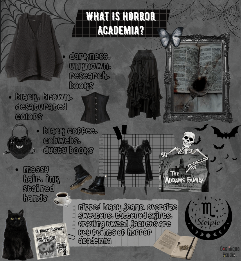 The key points of horror academia aesthetic associated with Scorpio sign including darkness, the unknown, research, books, desaturated colors, black coffee, cobwebs, ripped black jeans, oversize sweaters, horror fiction, etc.