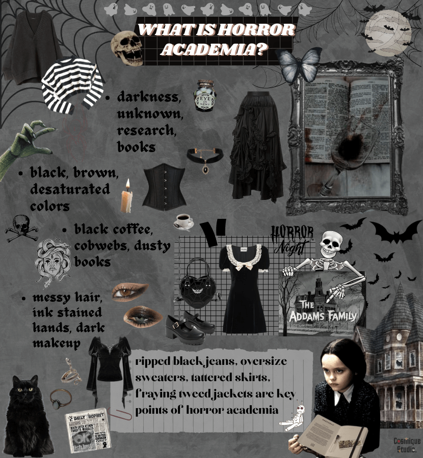 Horror academia aesthetic guide chart with the basics including colors, values, motifs, accessories, and key clothes.