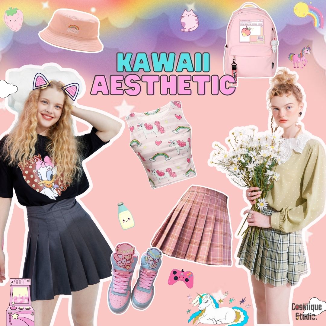 2 girls in kawaii aesthetic clothes and a pink hat, a schoolbag, mini skirt, crop, pink shoes