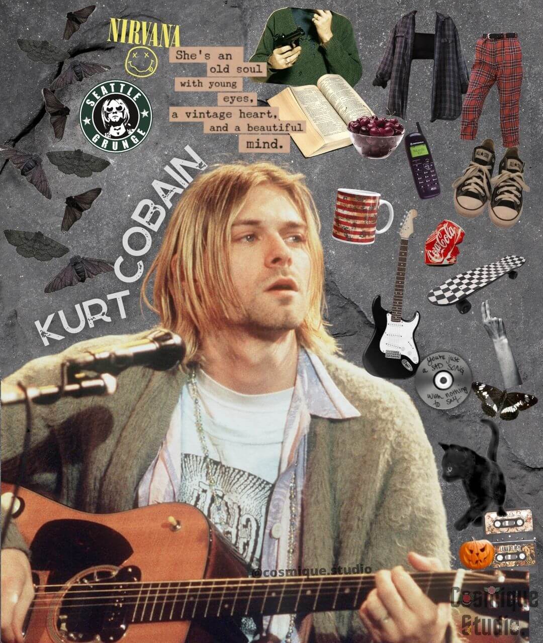 kurt cobain as a grunge pioneer with 90s grunge elements