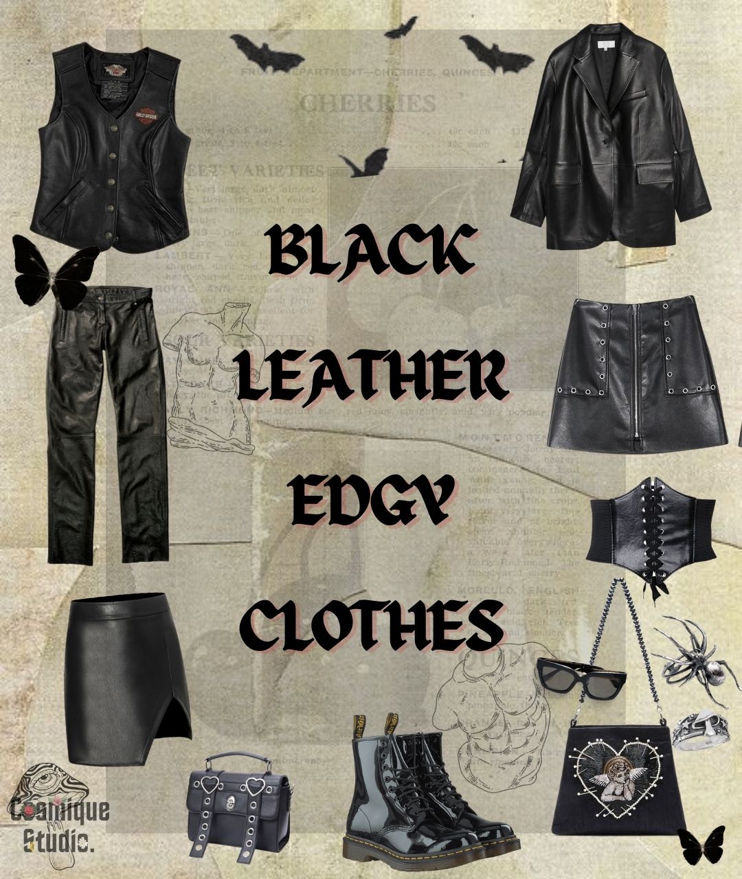 Use of leather fabric in edgy style, leather jacket, leather skirt, leather boots, leather bag, leather pants collage