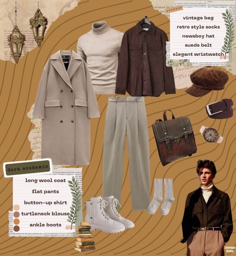 An outfit idea for a dark academia aesthetic man, including long wool coat, flat pants, and suede belt, a button-up shirt and turtleneck blouse, a vintage bag, cosy socks, and newsboy hat.