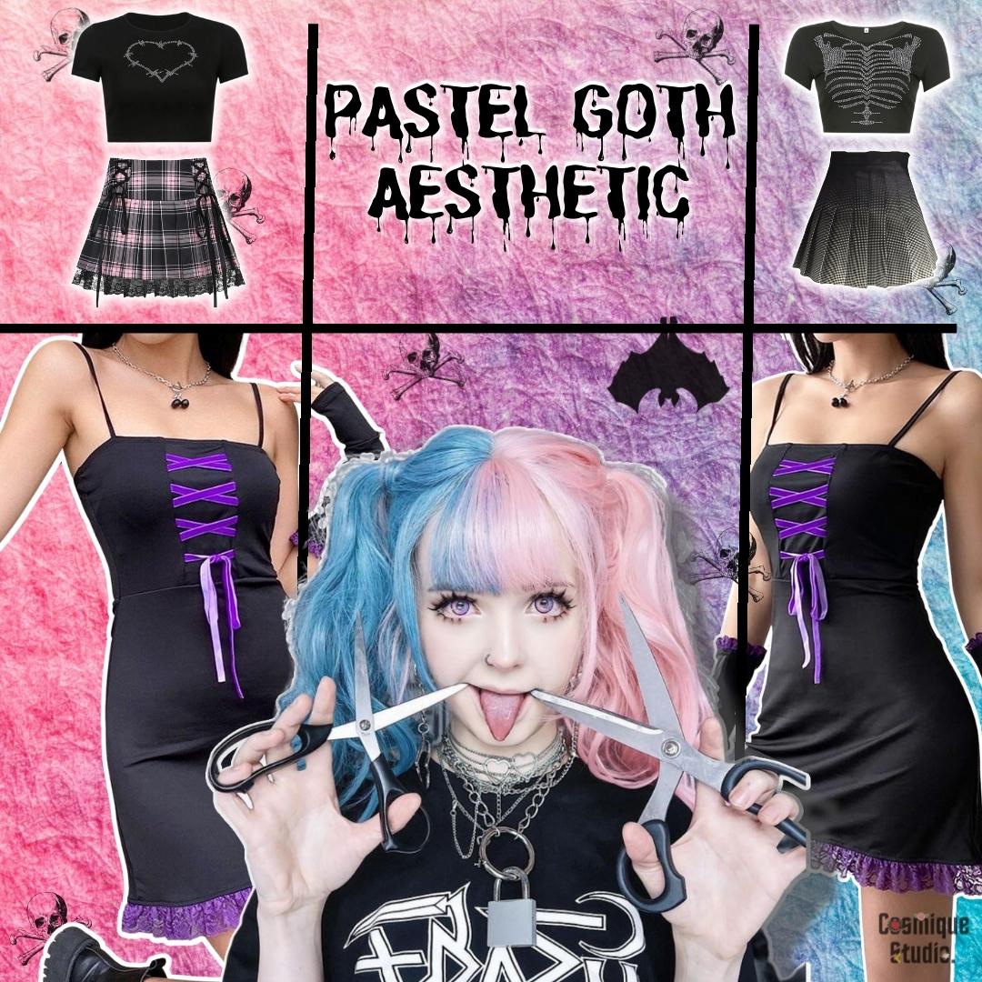3 girls in pastel goth aesthetic outfits and 2 pastel goth combines with bats and skulls Makeup: Unusual color lipstick, bold eyeliner, dark sparkle eyeshadows, and fake freckles.