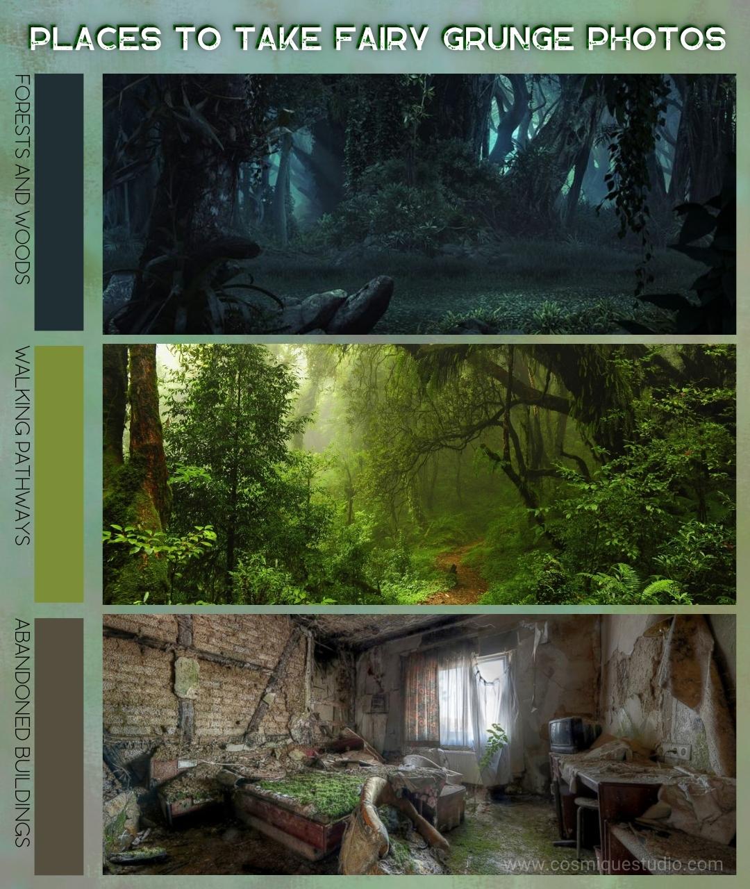 Three places to take fairy grunge photos to post on social media: Forests and woods, walking pathaways, and abandoned buildings.