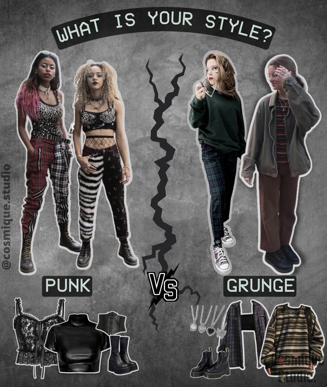 comparison between girls representing punk and grunge fashion styles 