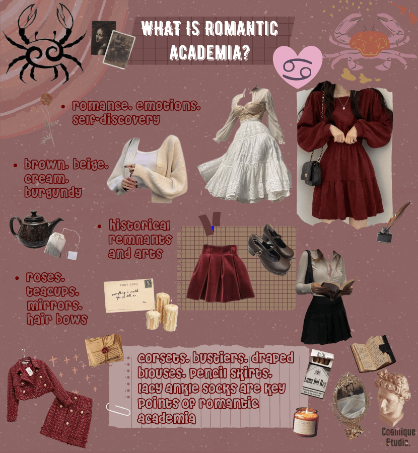 The key points of romantic academia aesthetic associated with Cancer sign including romance, emotions, historical remnants, art, roses, teacups, corsets, draped blouses, etc.