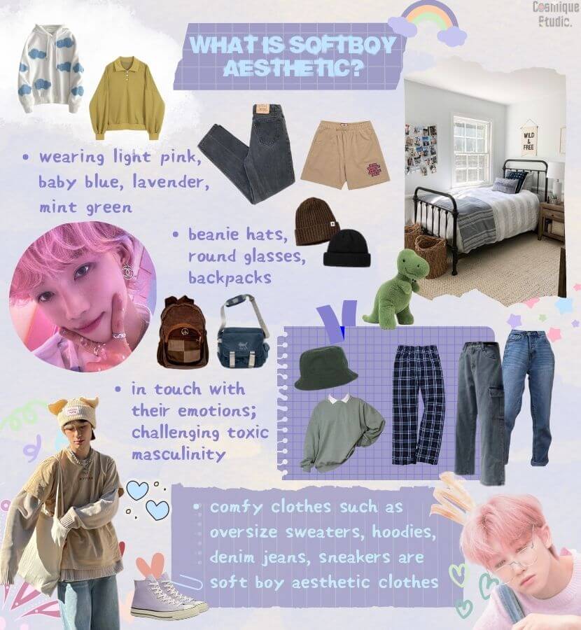 A guide to the soft boy aesthetic and its associated clothing items, which emphasize a gentle and sensitive attitude with a focus on comfort and casualness.