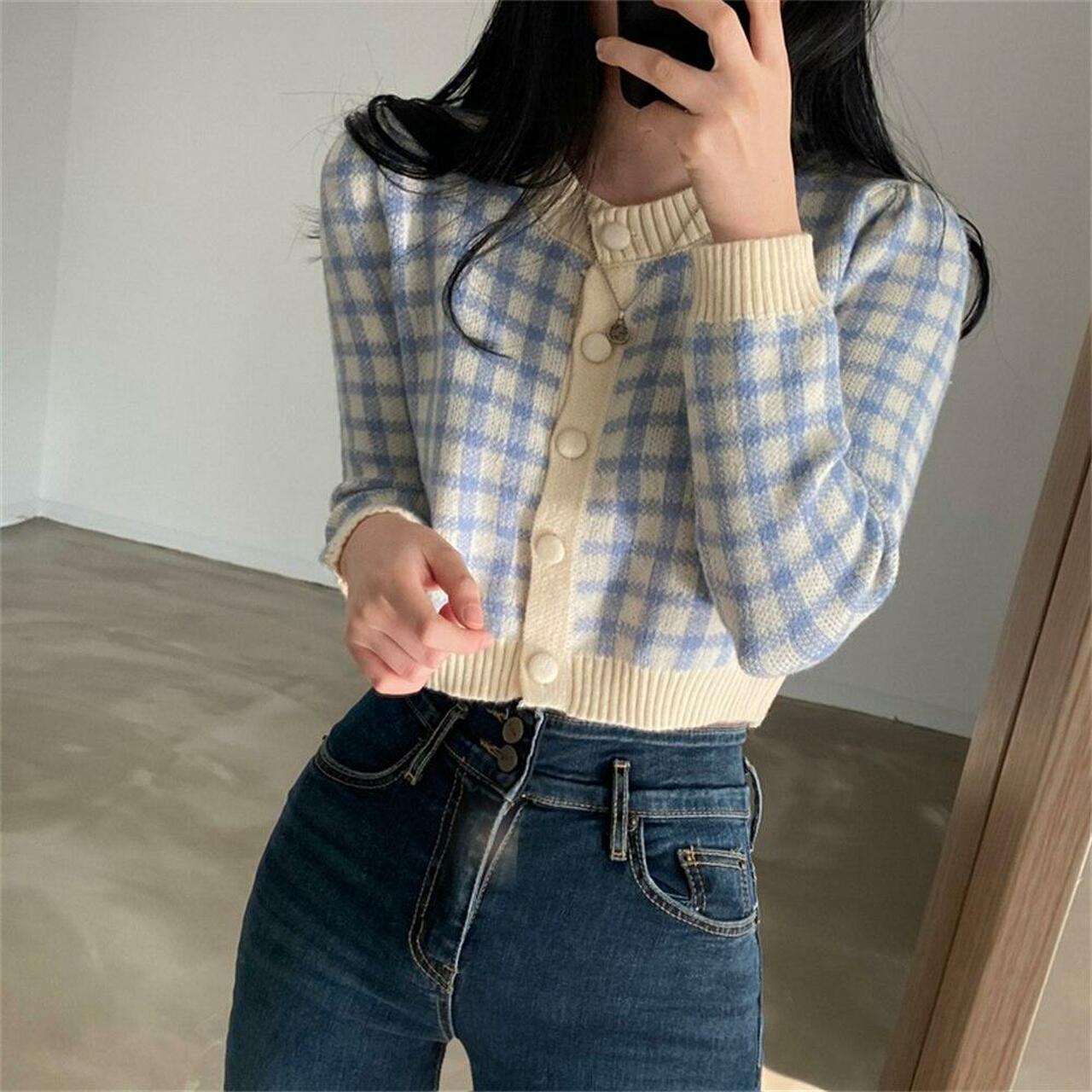 SOFT GIRL AESTHETIC KNITTED PLAID CARDIGAN