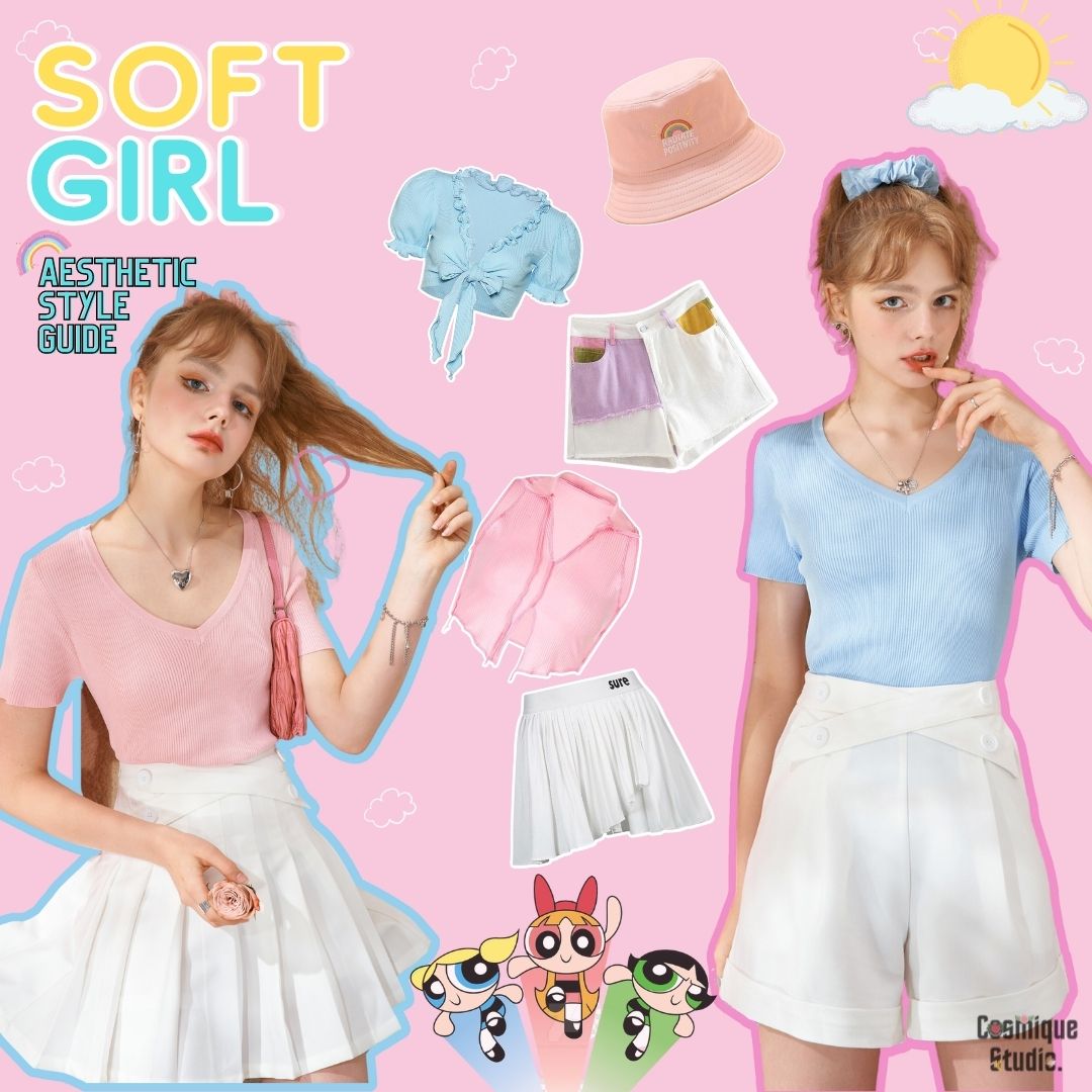2 girls wearing summer soft girl aesthetic clothes and a pink hat, a blue crop top, white shorts, and a skirt