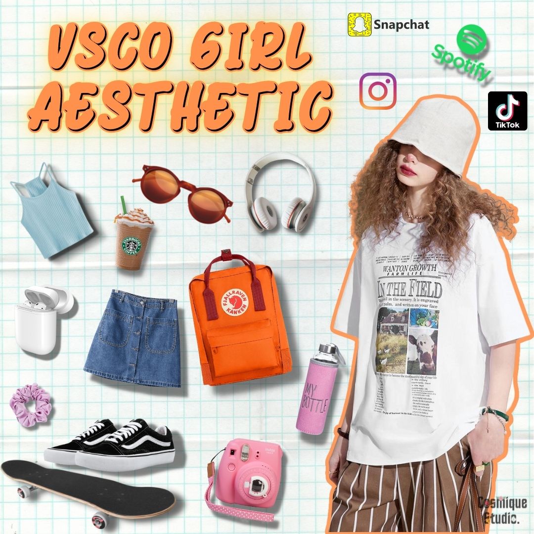 a girl with vsco girl aesthetic clothes and a pink hydro flask, denim mini skirt, blue crop top, a skateboard, sunglasses, and a polaroid camera