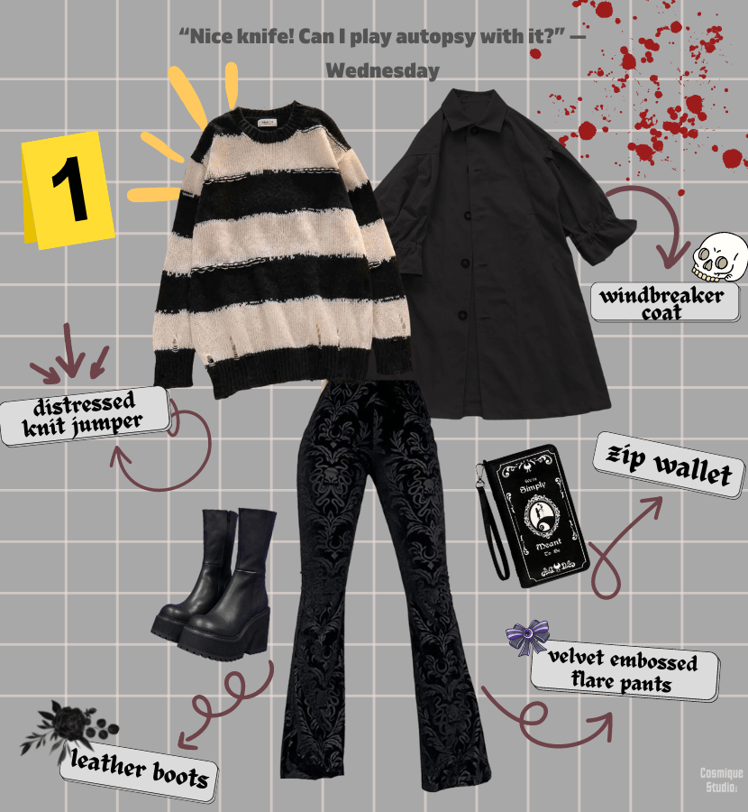 A complete outfit idea inspired by Wednesday Addams.
