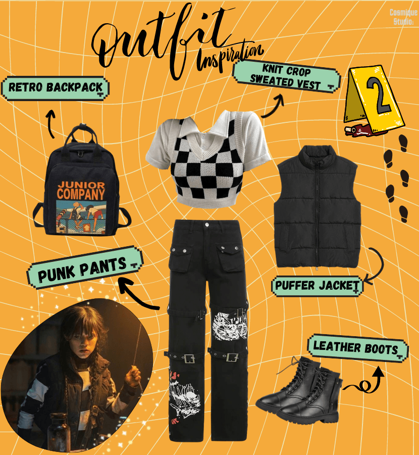 A complete outfit inspired by Wednesday Addams including a retro backpack, a puffer jacket, a knit crop sweated west, a pair of leather boots, and a punk jeans.
