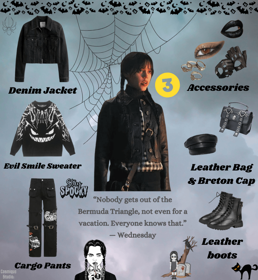 A complete outfit inspired by Wednesday Addams including cargo pants, an evil smile sweater, a denim jacket, a pair of leather boots, and leather bag with breaton cap.
