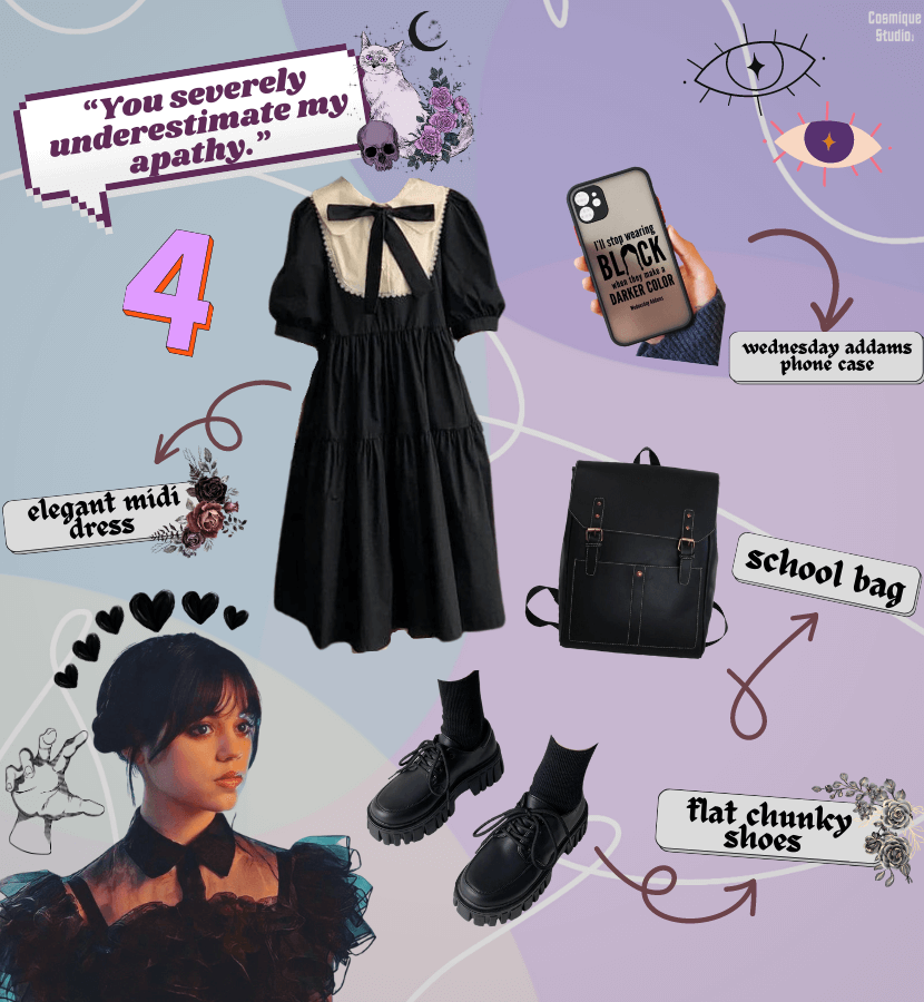A complete outfit inspired by Wednesday Addams including an elegant dark academia maxi dress, a dark academia school bag, a pair of flat chunky shoes, and a phone case.
