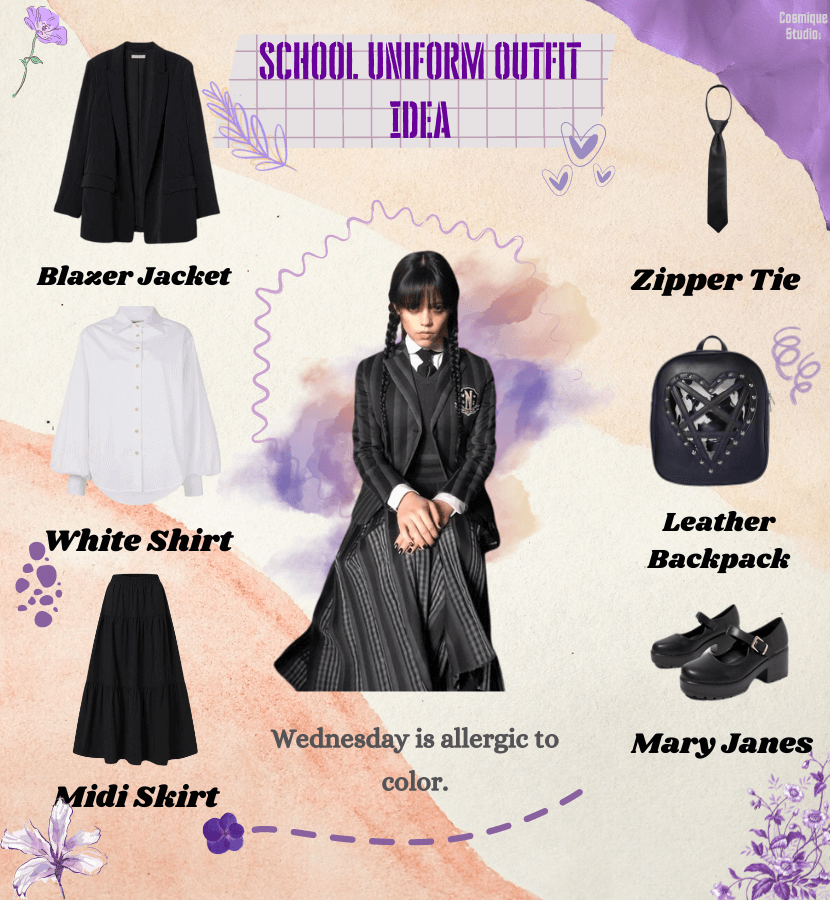 Wednesday Addams school outfit inspiration with a white shirt, a black blazer jacket, a zipper tie, a black midi skirt, a leather gothic backpack, and a pair of Mary Janes.