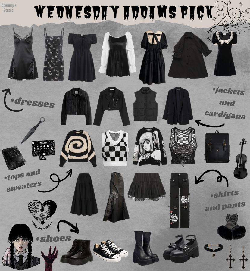 Wednesday Addams starter pack including jackets, cardigans, dresses, tops and bottoms, and shoes to become a horror academia aesthetic girl like her