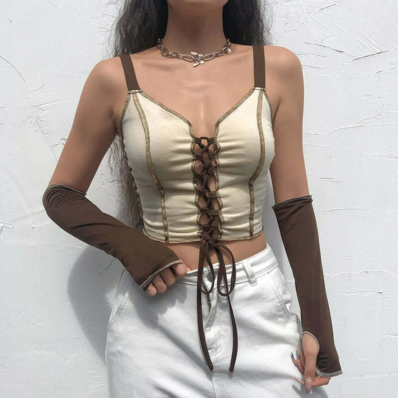 Y2K AESTHETIC SEPERATE SLEEVES FRONT LACE KHAKI CROP TOP