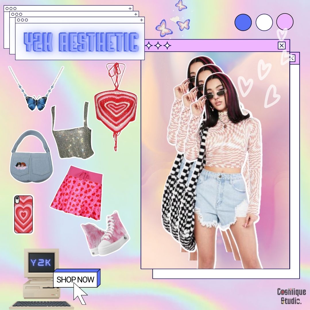 a girl wearing y2k aesthetic style clothes and pink shoes, a crop top, a phone case, a sequin crop top, a blue bag